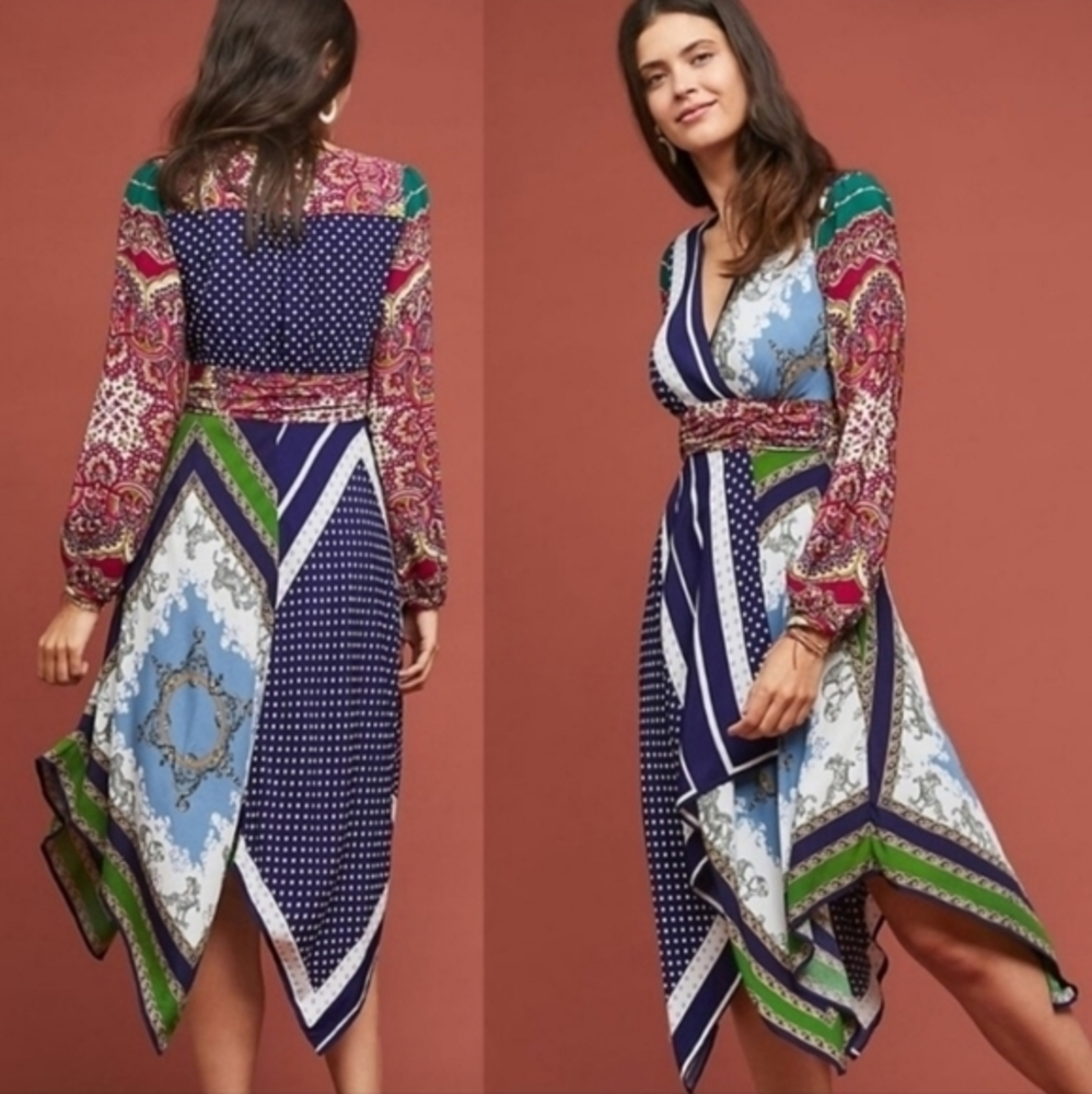 Anthropology Moulinette Soeurs Istanbul Patchwork LS Wrap Dress Women's 4